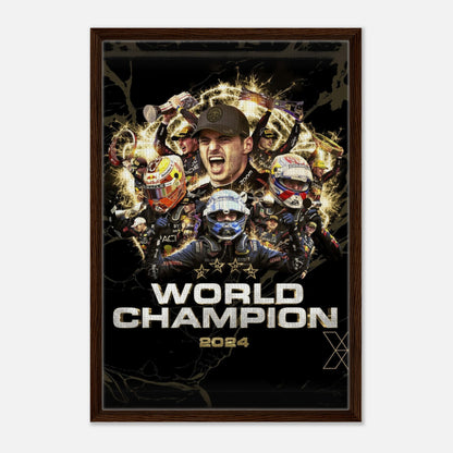 Framed canvas print of Max Verstappen celebrating his 2024 F1 World Championship with vibrant visuals and sleek design.