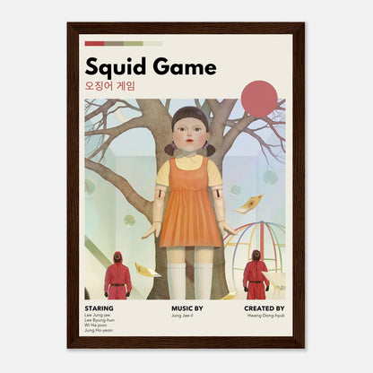 Vintage Squid Game framed poster featuring the iconic Red Light, Green Light doll in a retro design with muted tones.