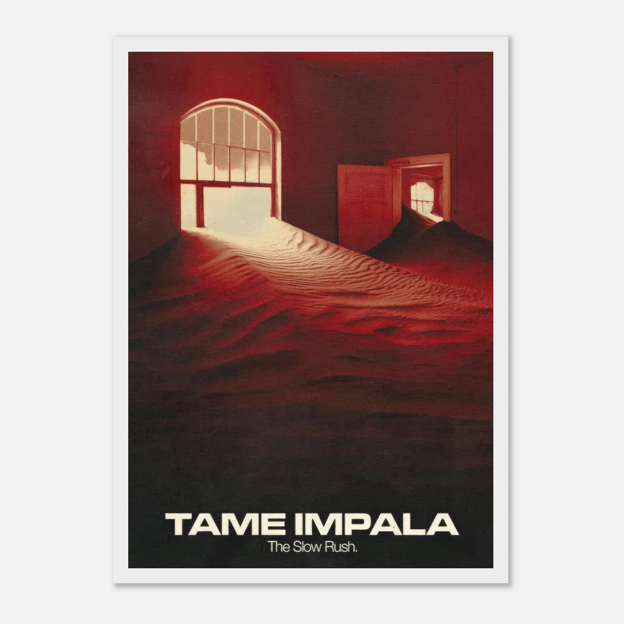 Framed print of Tame Impala's album *The Slow Rush*, featuring surreal imagery and warm red tones.