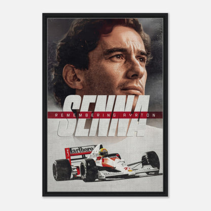 Framed canvas print of Ayrton Senna, featuring his portrait and iconic race car, celebrating his motorsport legacy.