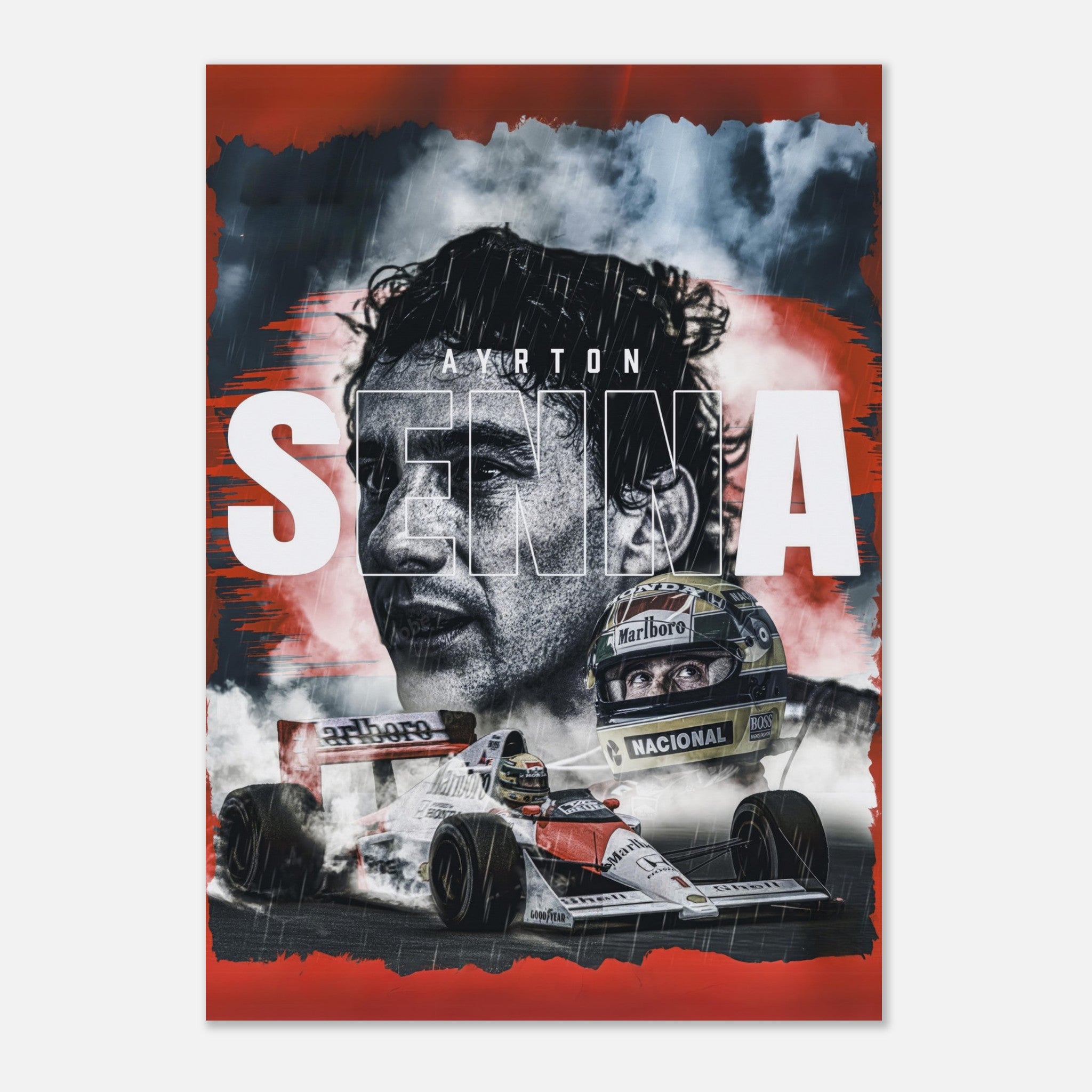 Ayrton Senna F1 legend poster featuring a dynamic design, showcasing Senna with his iconic race car in vibrant colors.