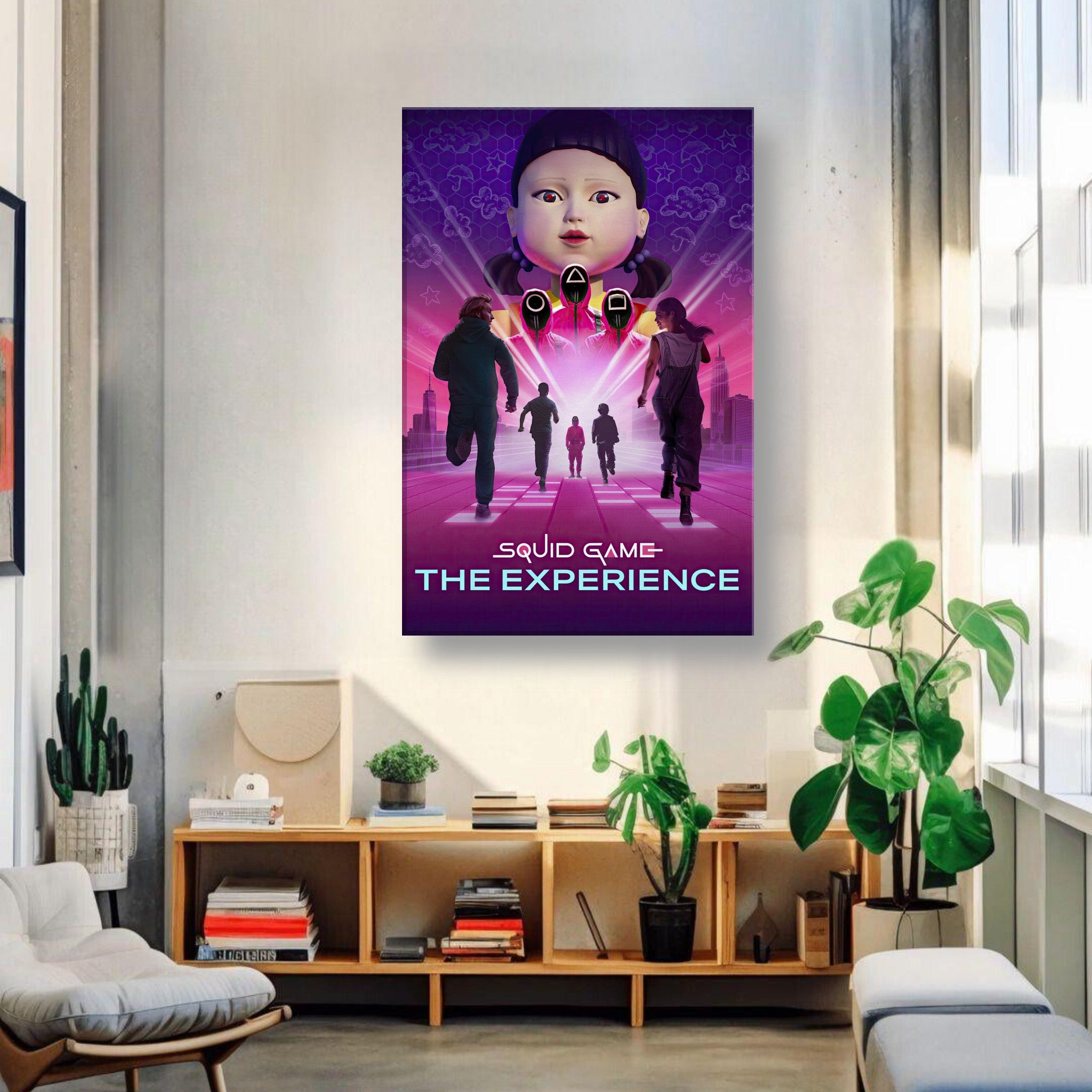 Squid Game Saison 2 canvas art featuring iconic giant doll in a stylish living room setting.