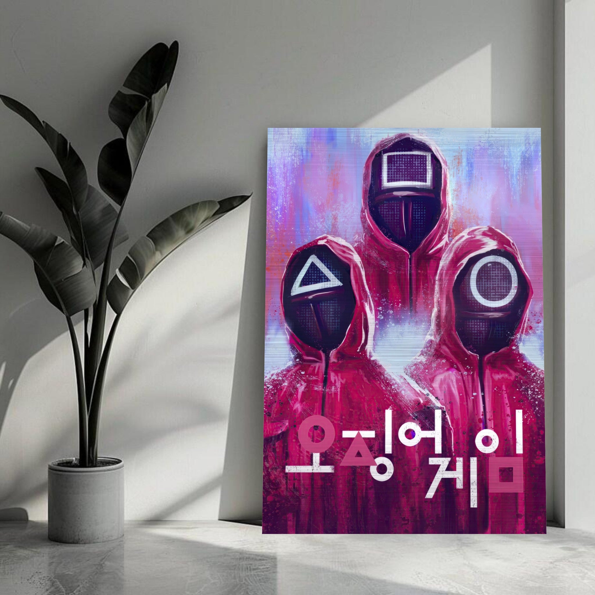 Squid Game brushed metal print featuring iconic masked guards in vibrant colors and modern design.