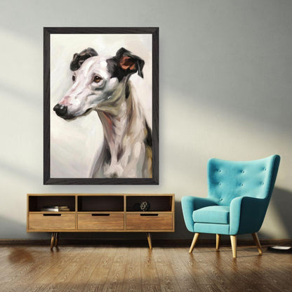 Vintage framed Greyhound dog painting displayed in a stylish interior with blue chair and wooden furniture.