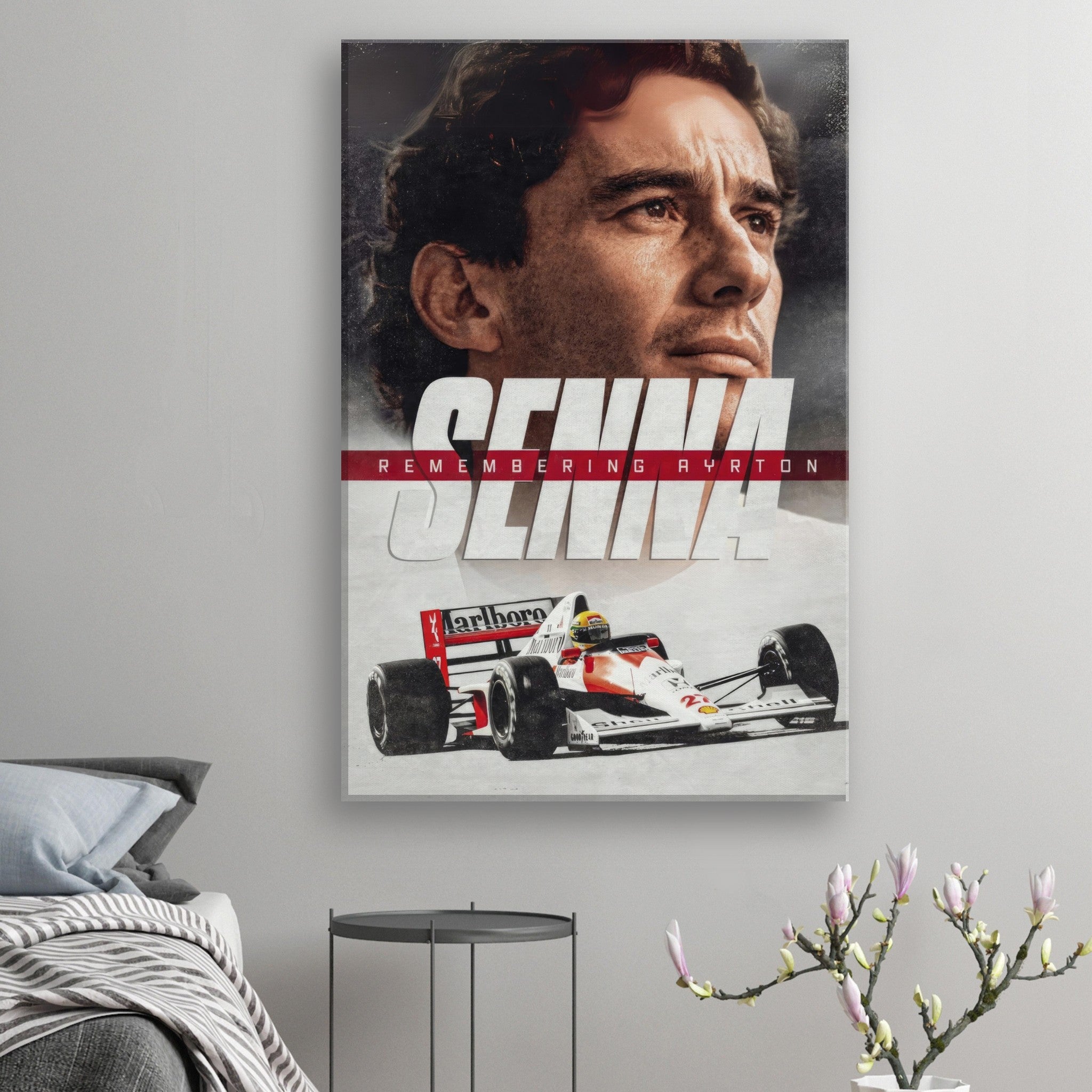 Ayrton Senna canvas art showcasing his legacy and Formula 1 spirit, featuring his iconic McLaren car.