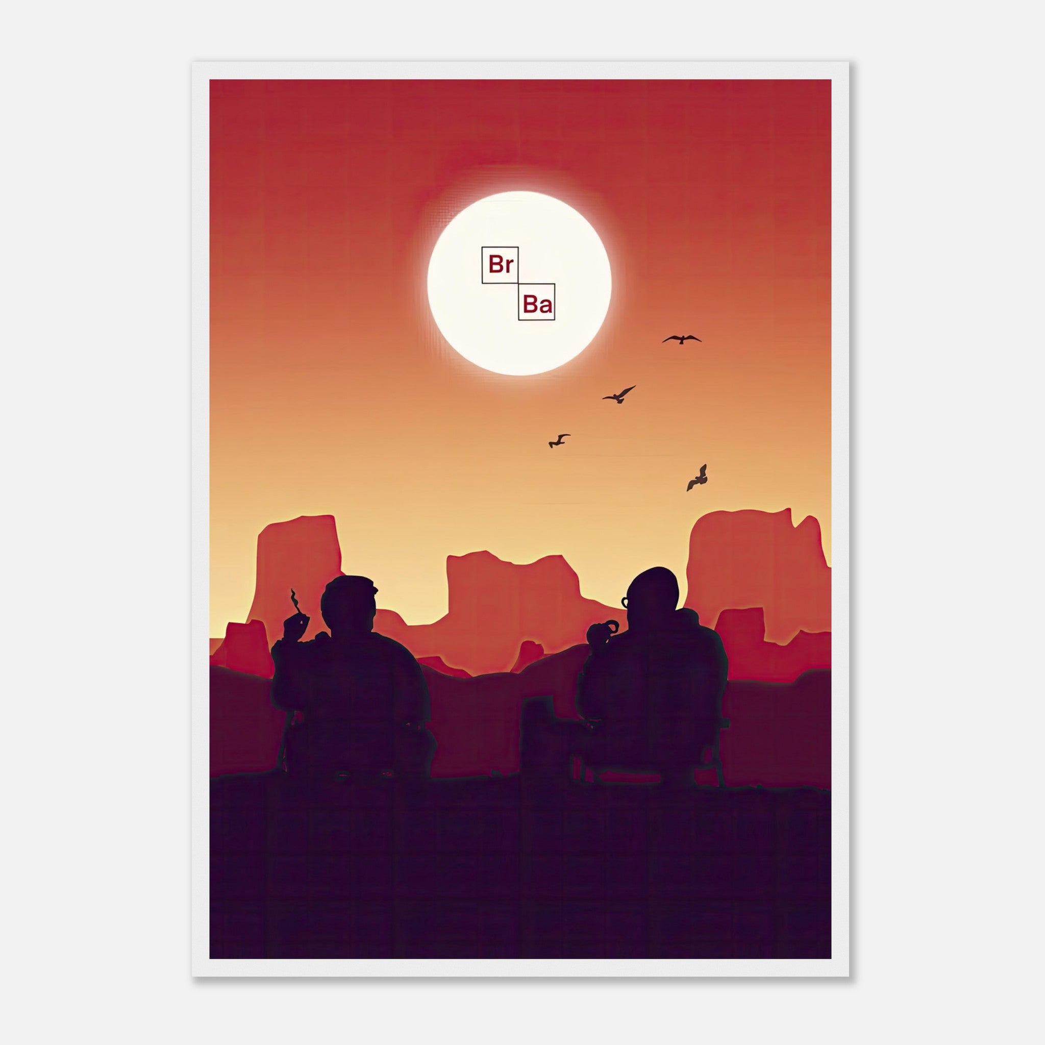 Framed poster of Walt and Jesse under a sunset, featuring "Breaking Bad" logo in a desert scene. Perfect for TV show fans.