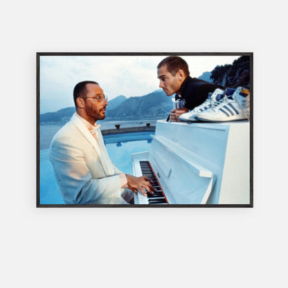 Jean Reno Piano fine art print featuring a poolside piano performance with cinematic elegance and serene coastal backdrop.