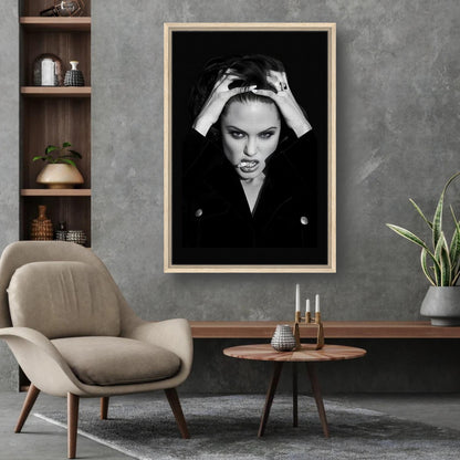 Angelina Jolie smoking framed canvas print in a modern living room setting with stylish furniture.