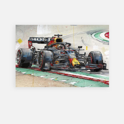 Max Verstappen's Red Bull F1 car in vibrant metal print, showcasing dynamic racing energy and sleek design.