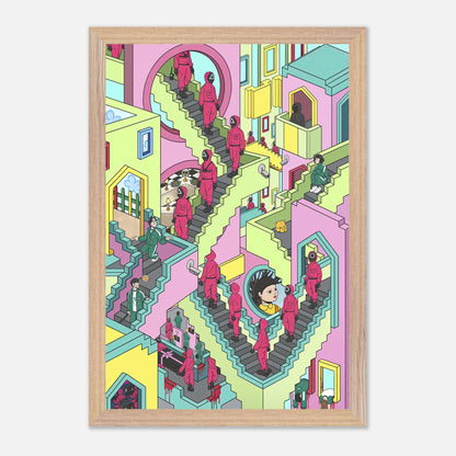 Squid Game Stairs fine art print featuring vibrant maze-like staircases and characters in bold colors and intricate details.