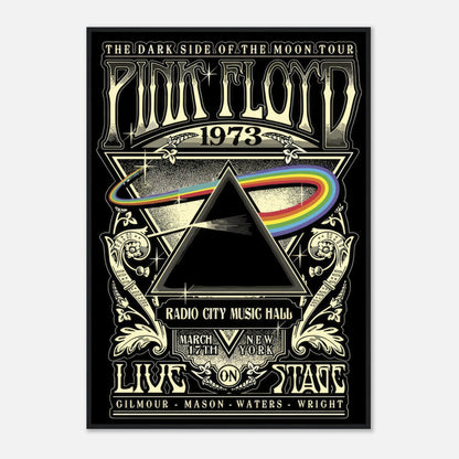 Pink Floyd 1973 Dark Side of the Moon tour poster featuring iconic prism and rainbow design, framed print.