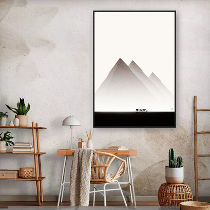 Framed print of the Pyramids of Giza against a minimalist room backdrop, showcasing Egypt travel photography.