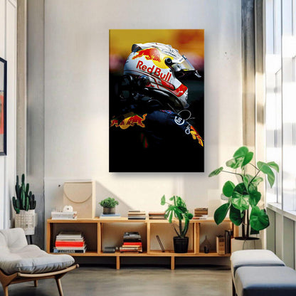 Max Verstappen canvas print featuring his Red Bull Racing helmet, ideal for Formula 1 enthusiasts' decor.