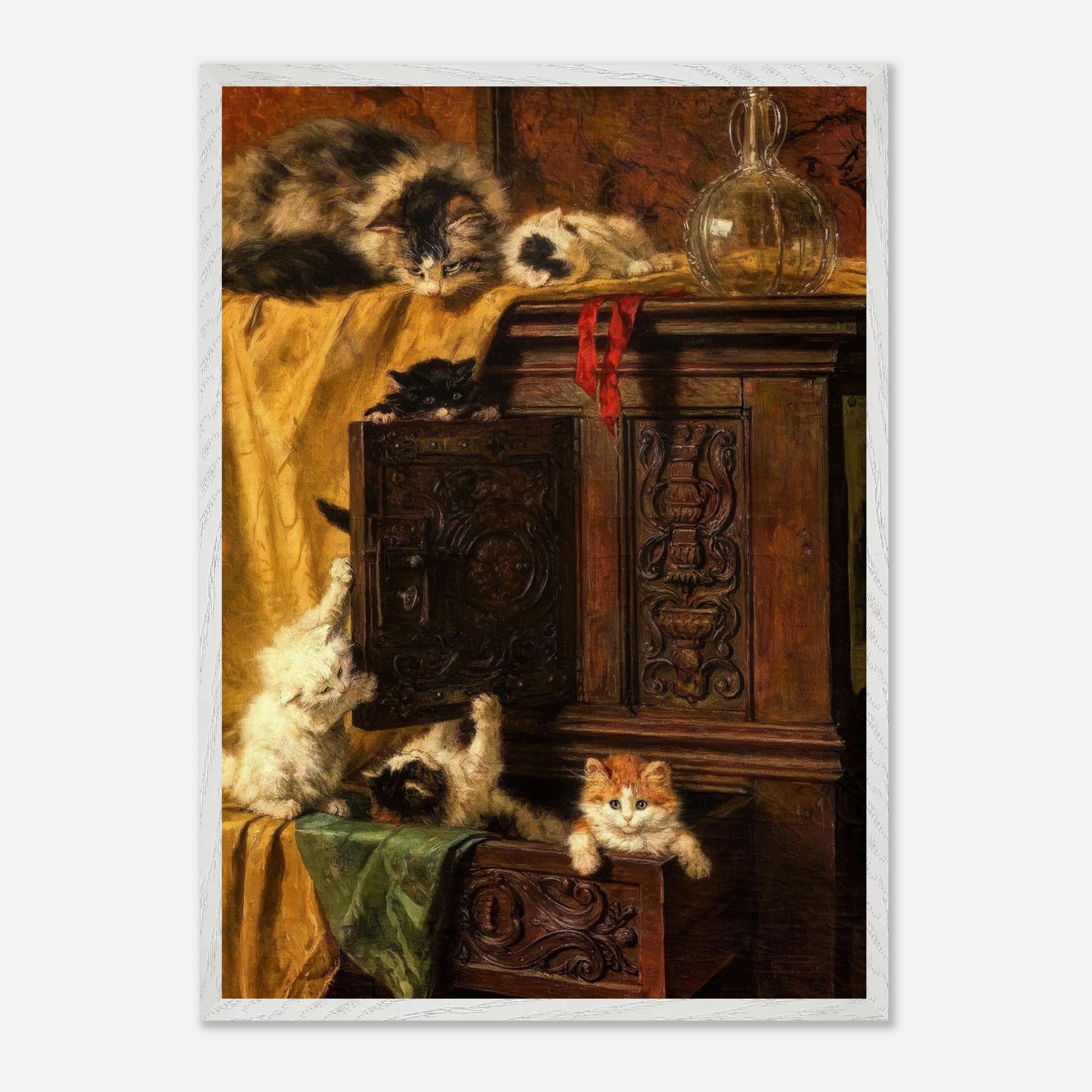 Vintage cat painting featuring playful kittens exploring a wooden cabinet with rich warm tones.