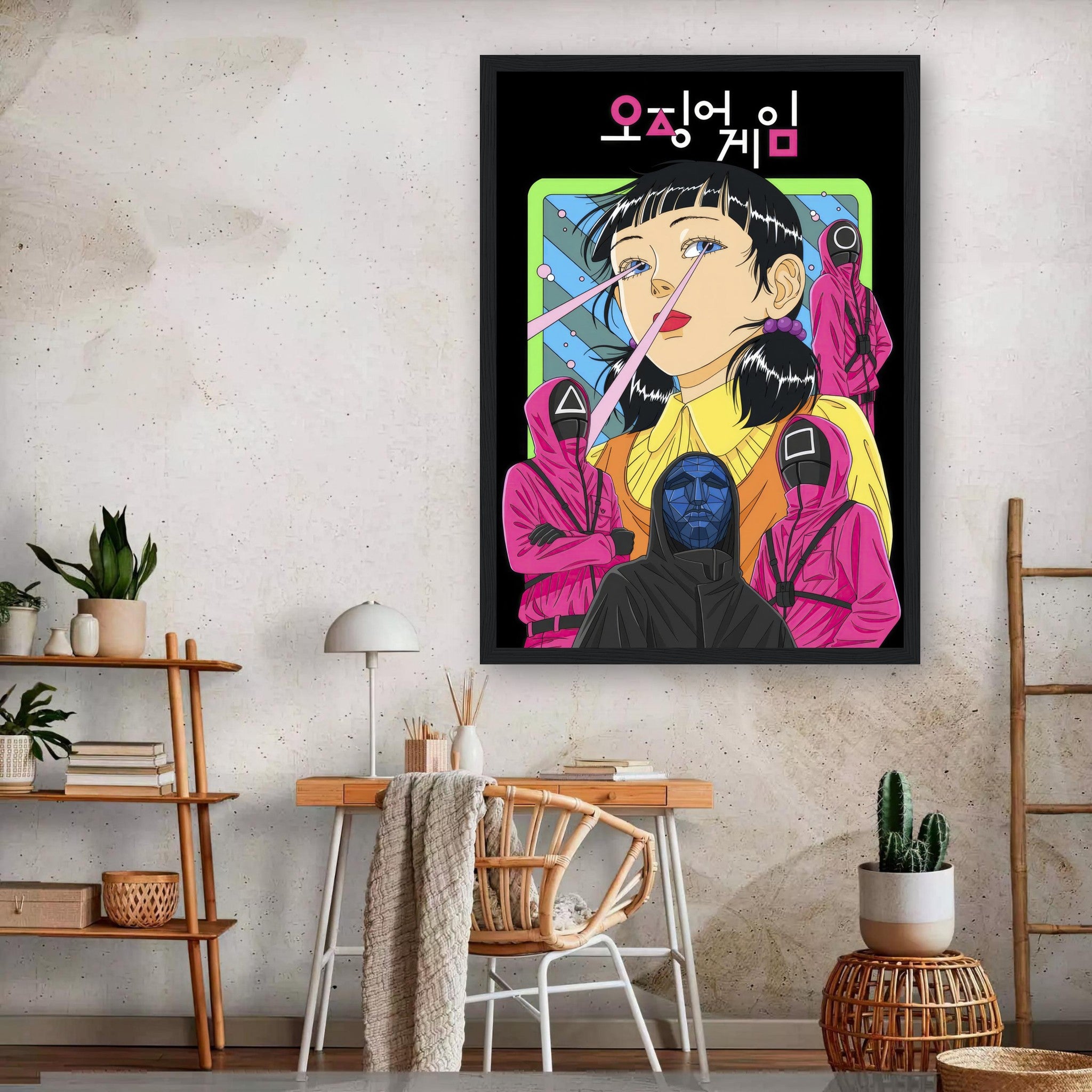 Squid Game Netflix framed print featuring vibrant artwork of iconic characters in a modern interior setting.