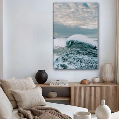 Big wave surfing canvas print showcasing a surfer riding a massive wave, bringing ocean energy to your space.