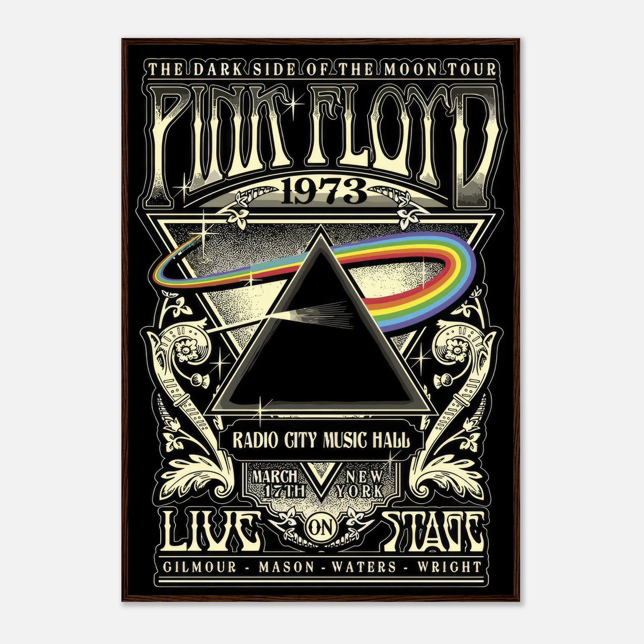 Pink Floyd 1973 tour poster for The Dark Side of the Moon at Radio City Music Hall, featuring iconic prism graphic.