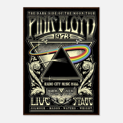 Pink Floyd 1973 tour poster for The Dark Side of the Moon at Radio City Music Hall, featuring iconic prism graphic.