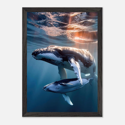 Underwater photography print of a humpback whale and calf in a vintage frame, showcasing ocean beauty.