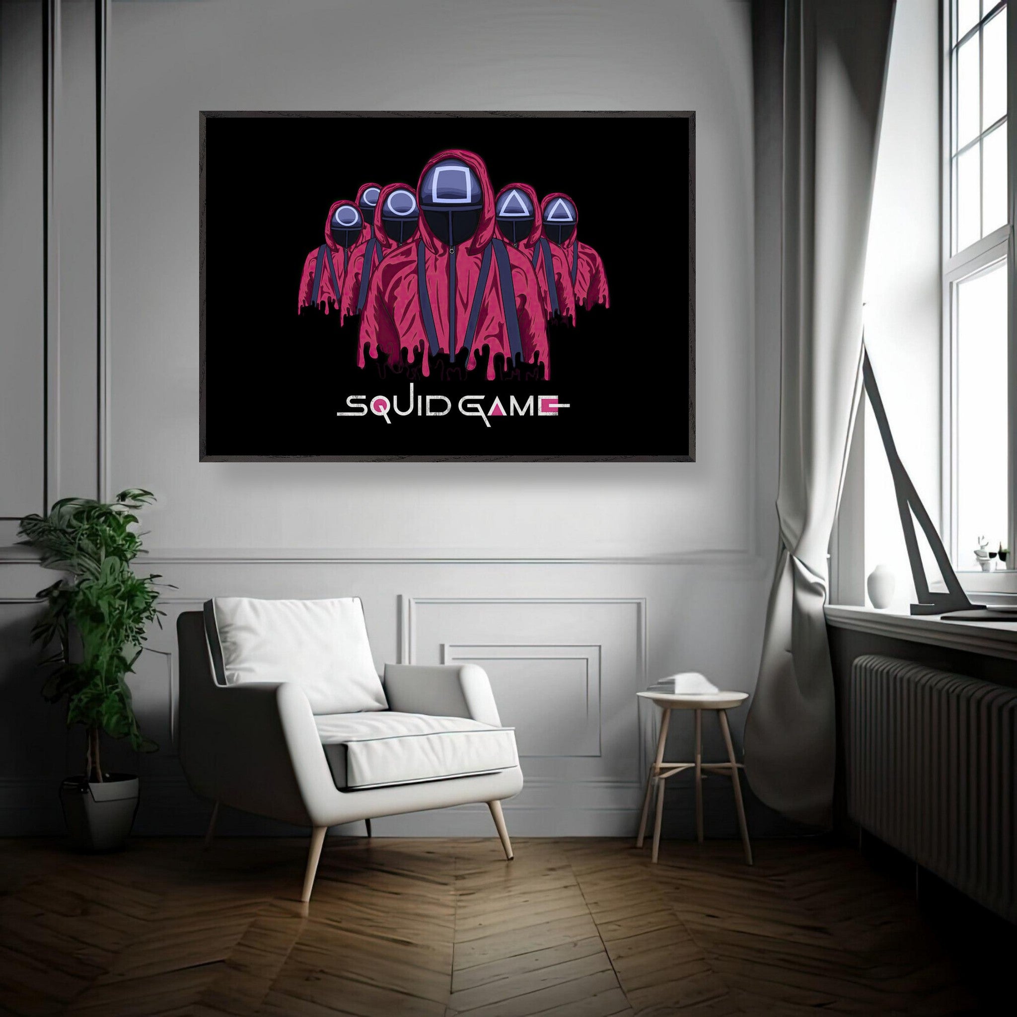 Squid Game Soldiers fine art print featuring iconic masked guards in red uniforms displayed in a stylish interior setting.