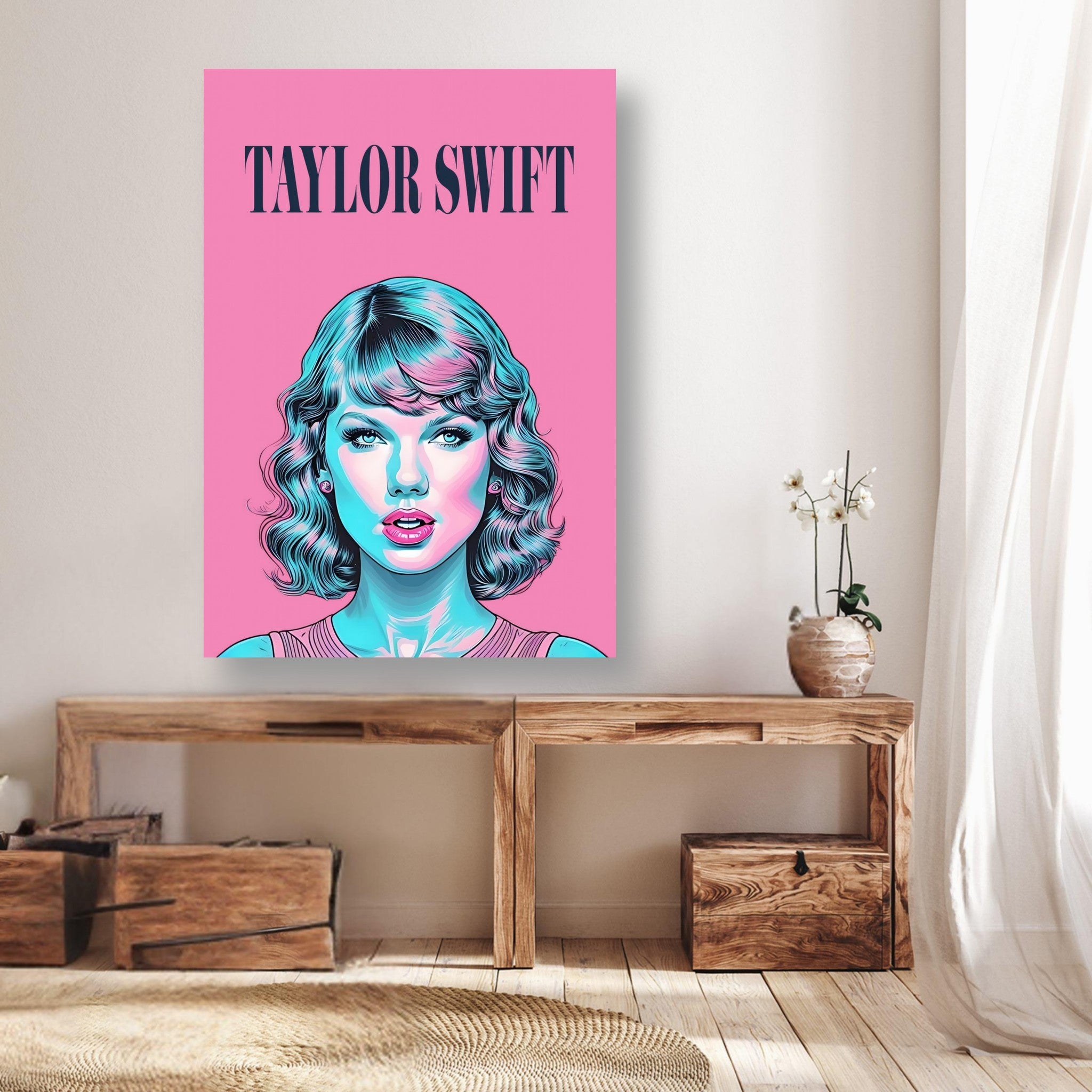 Taylor Swift pop art poster on a wall, featuring a colorful design with a striking pink background.