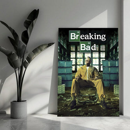 Walter White metal poster featuring him in a hazmat suit, inspired by the series Breaking Bad, set in a dramatic industrial backdrop.