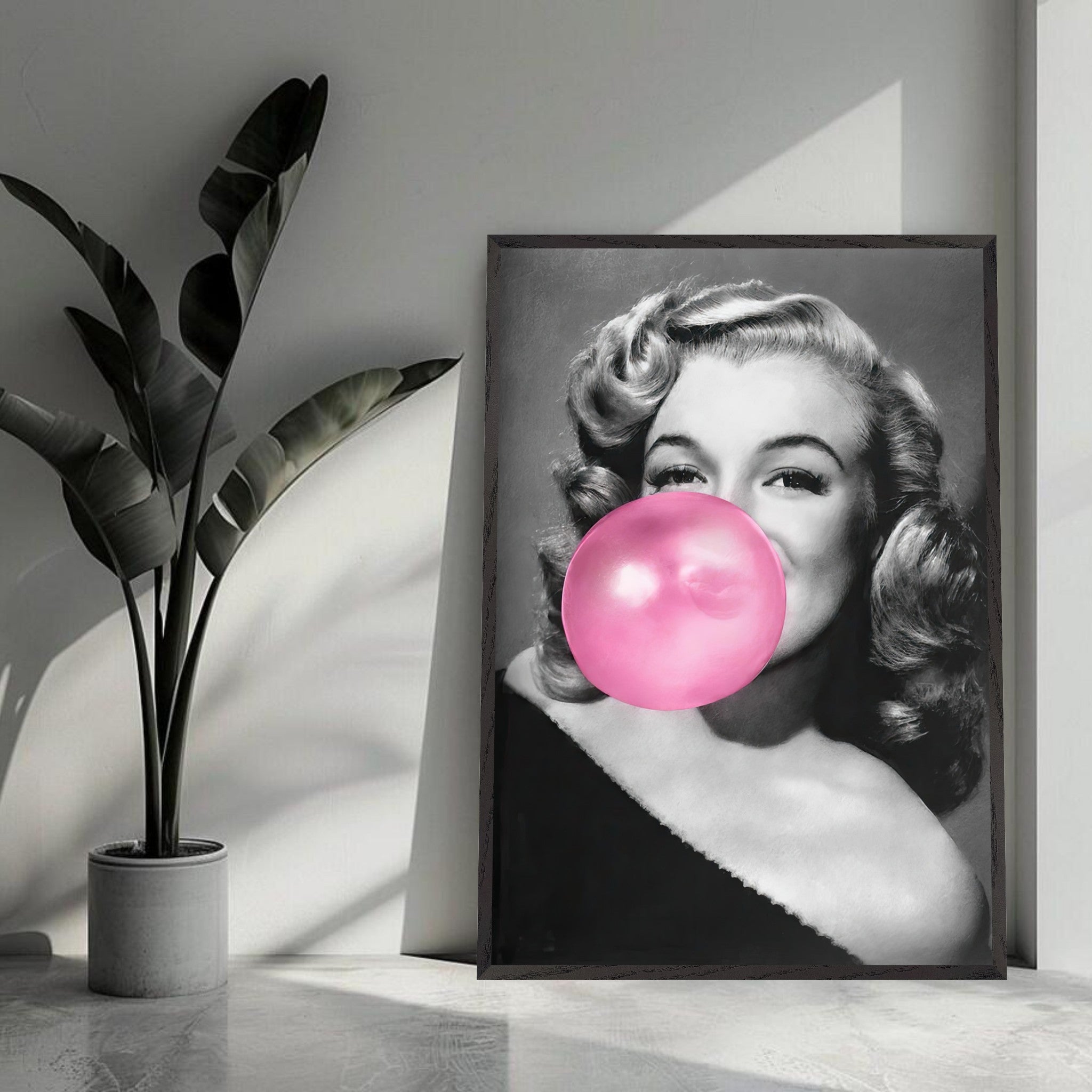 Marilyn Monroe vintage framed print with pink bubble gum, stylish wall art for home decor.