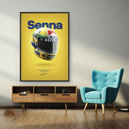 Vintage framed art of Ayrton Senna's iconic helmet against a bright yellow background, showcased in a stylish living room.