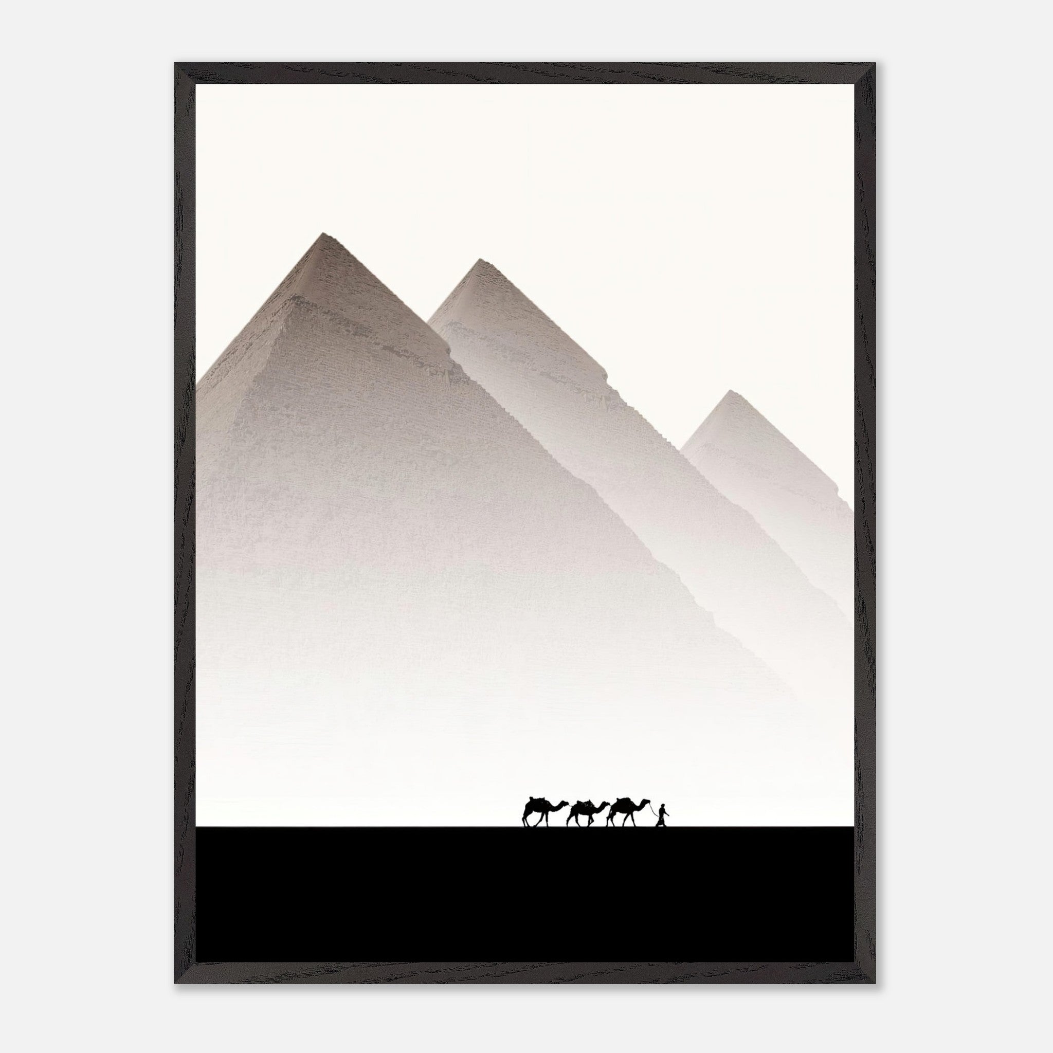 Pyramids of Giza framed art featuring camels and a guide against a muted sky, showcasing ancient Egypt's grandeur.