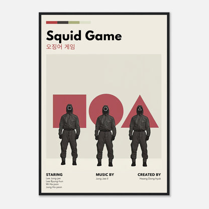 Squid Game Vintage Framed Print featuring iconic characters in bold retro design and minimalist aesthetic.