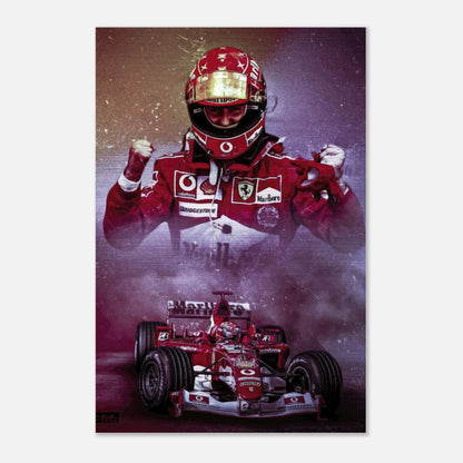 Michael Schumacher brushed metal poster featuring the iconic F1 champion in Ferrari gear with his legendary car.