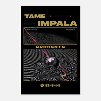 Tame Impala Currents metal poster featuring striking artwork and bold colors on a sleek black background.