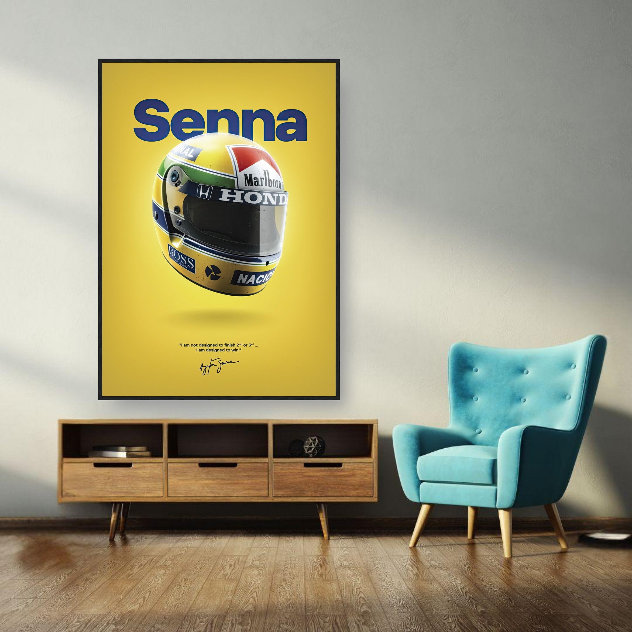 Ayrton Senna helmet framed poster featuring vibrant colors and iconic design, displayed in a modern living room setting.