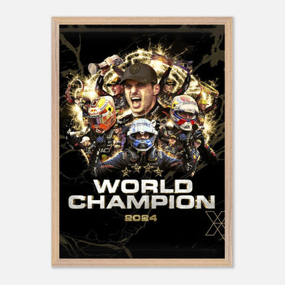 Max Verstappen 2024 World Champion fine art print featuring vibrant imagery and stunning detail in a framed design.