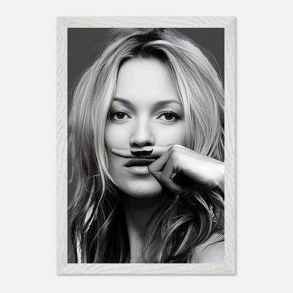 Kate Moss Mustache vintage framed print featuring a cheeky black-and-white portrait of the iconic model.