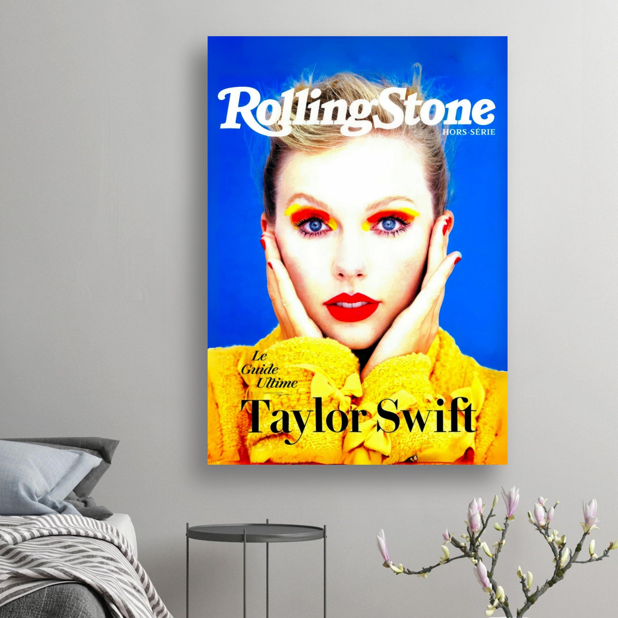 Taylor Swift Rolling Stone magazine poster with bold colors, featuring the singer against a vibrant blue background.