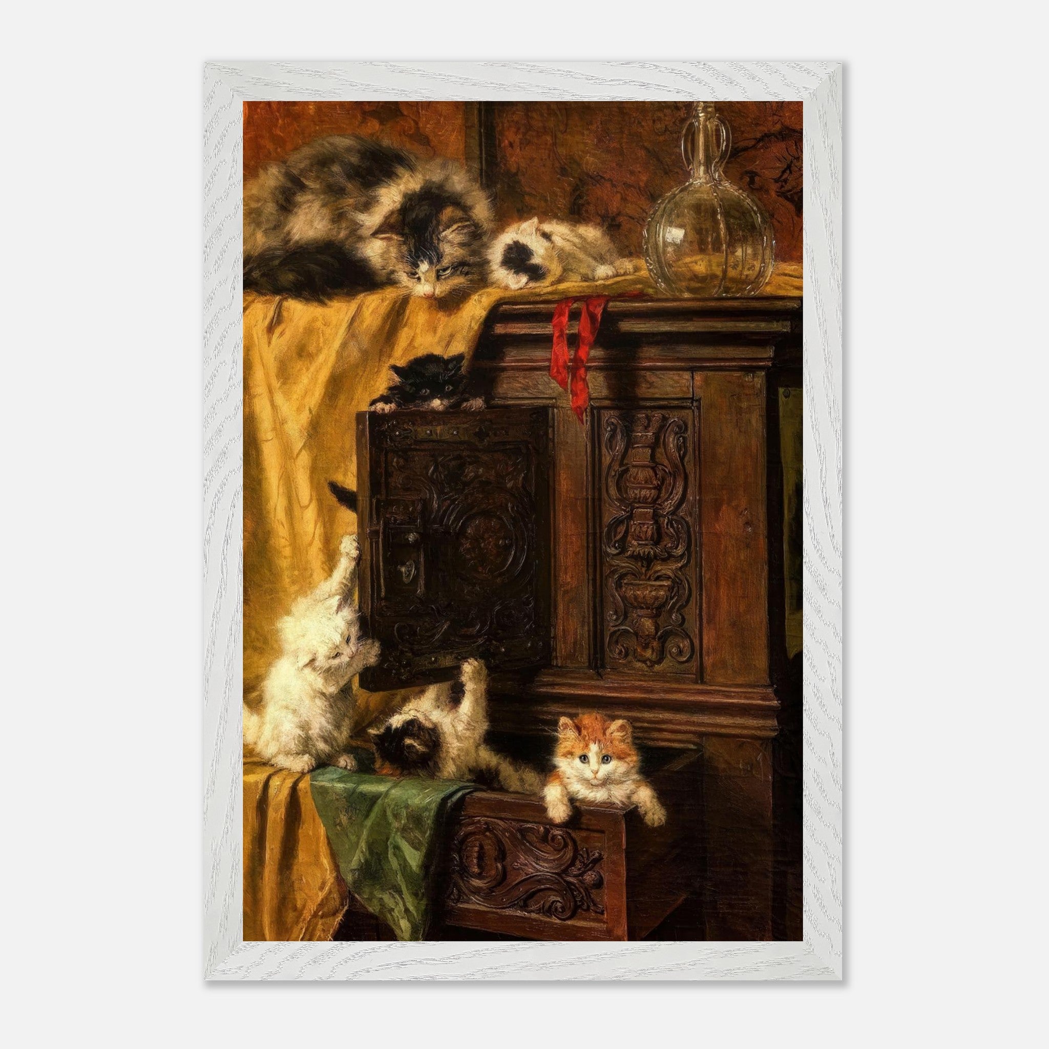 Vintage cat painting featuring playful kittens on an ornate cabinet, capturing 19th-century fine art elegance.