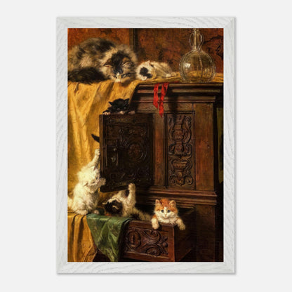 Vintage cat painting featuring playful kittens on an ornate cabinet, capturing 19th-century fine art elegance.