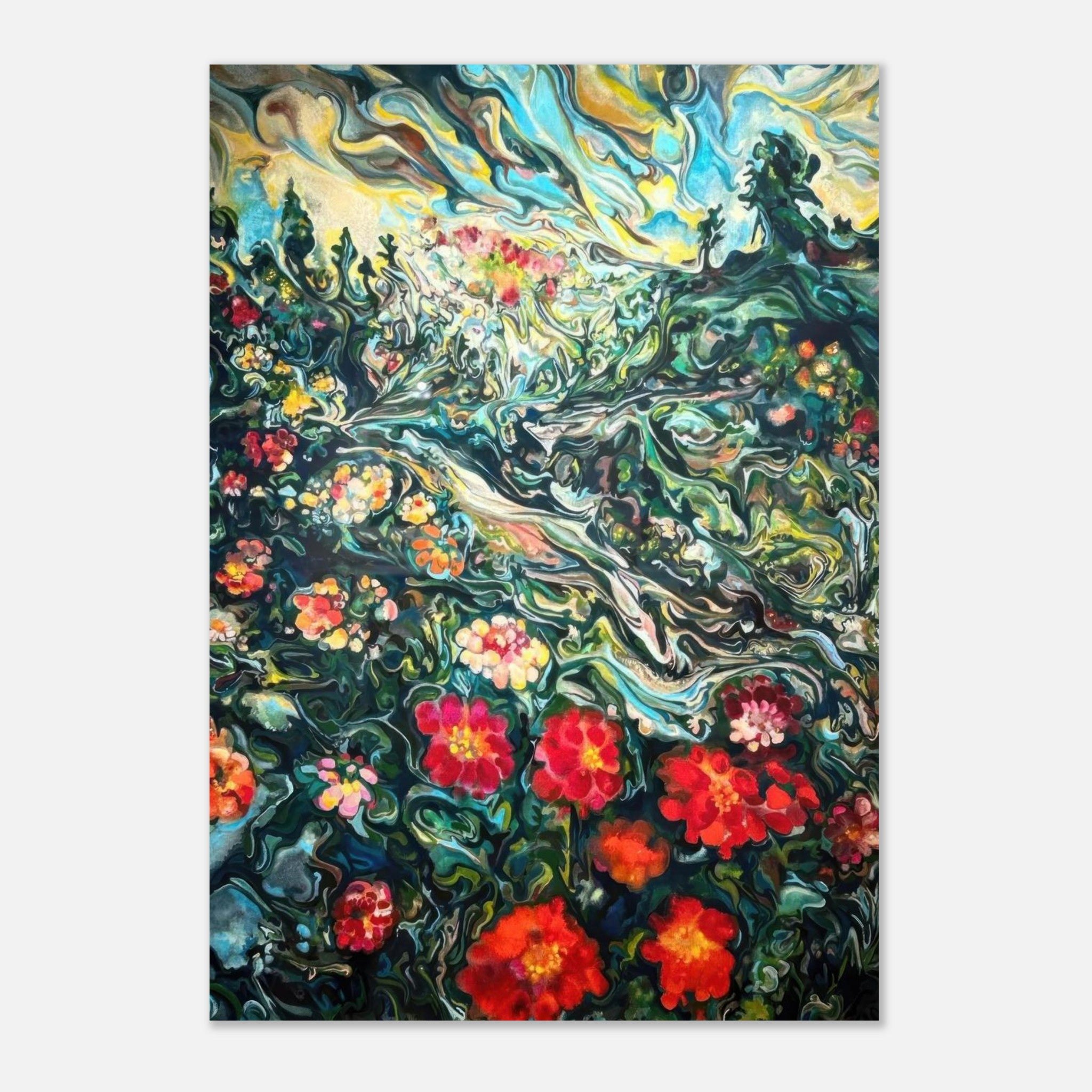 Abstract floral landscape painting metal print with vibrant flowers and swirling green scenery.