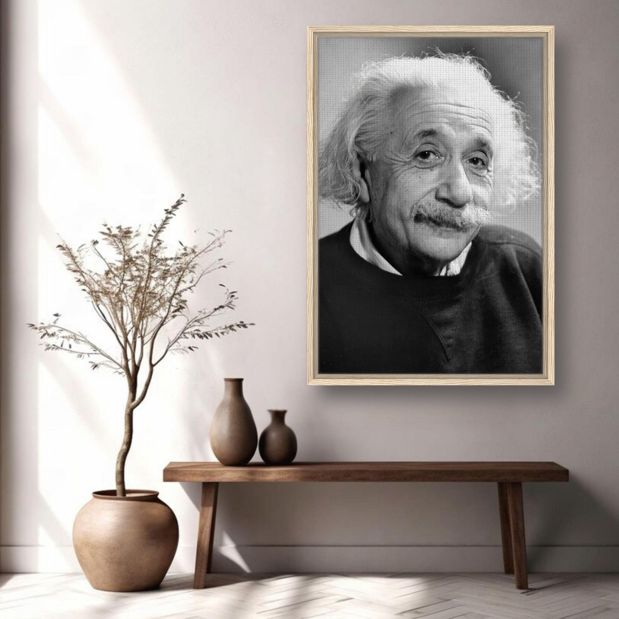 Albert Einstein 1946 Framed Canvas Print in a stylish living room setting
