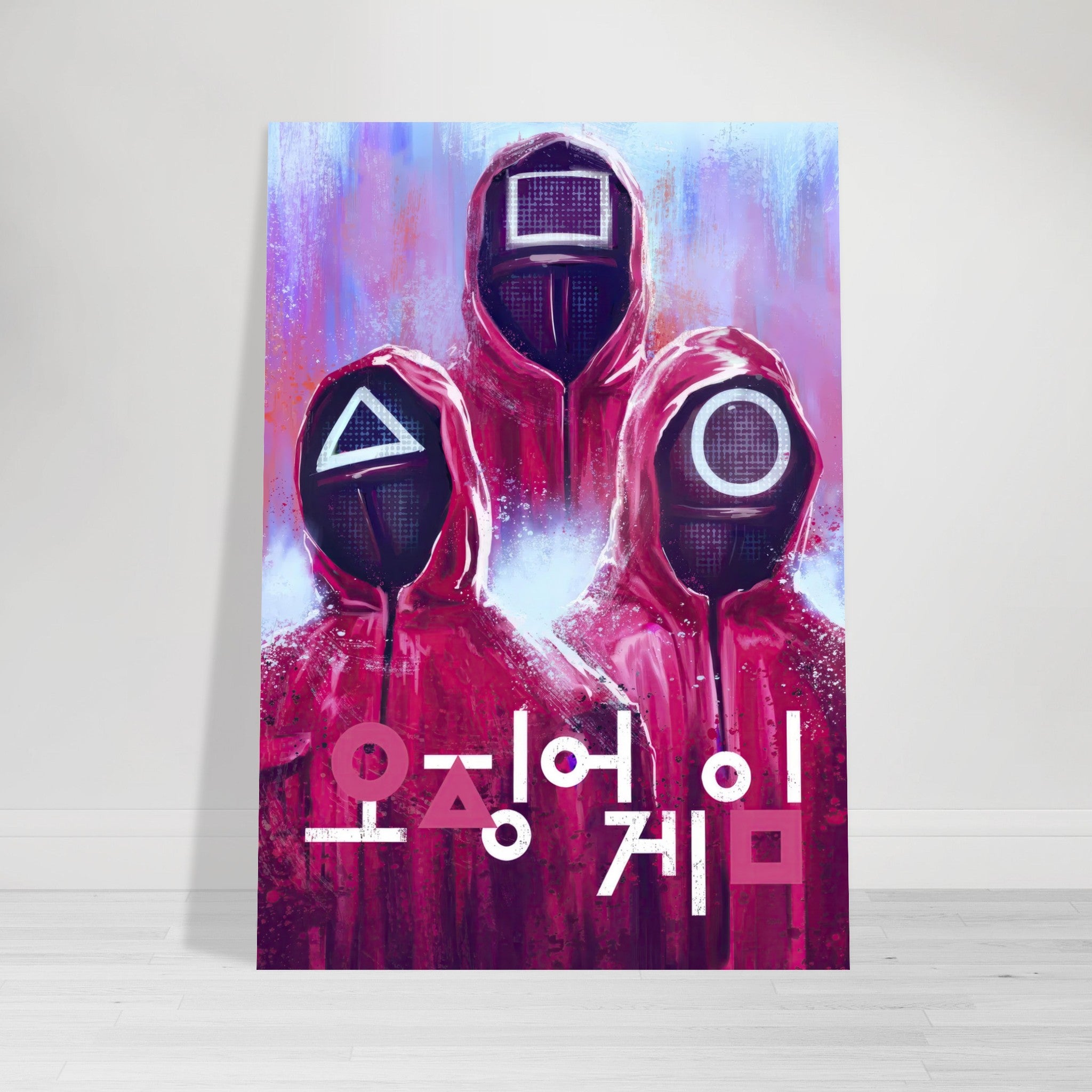 Squid Game poster featuring iconic guards in red suits and geometric masks, with bold Korean text and vibrant colors.