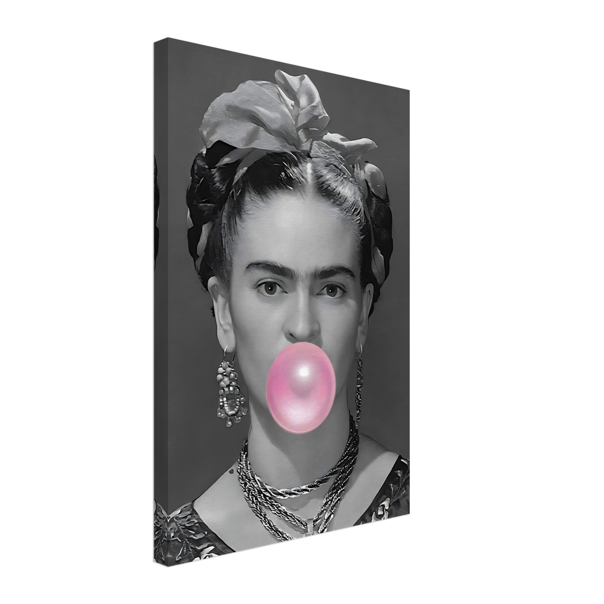 Frida Kahlo Bubble Gum canvas art featuring a grayscale portrait with vibrant pink bubble gum detail.