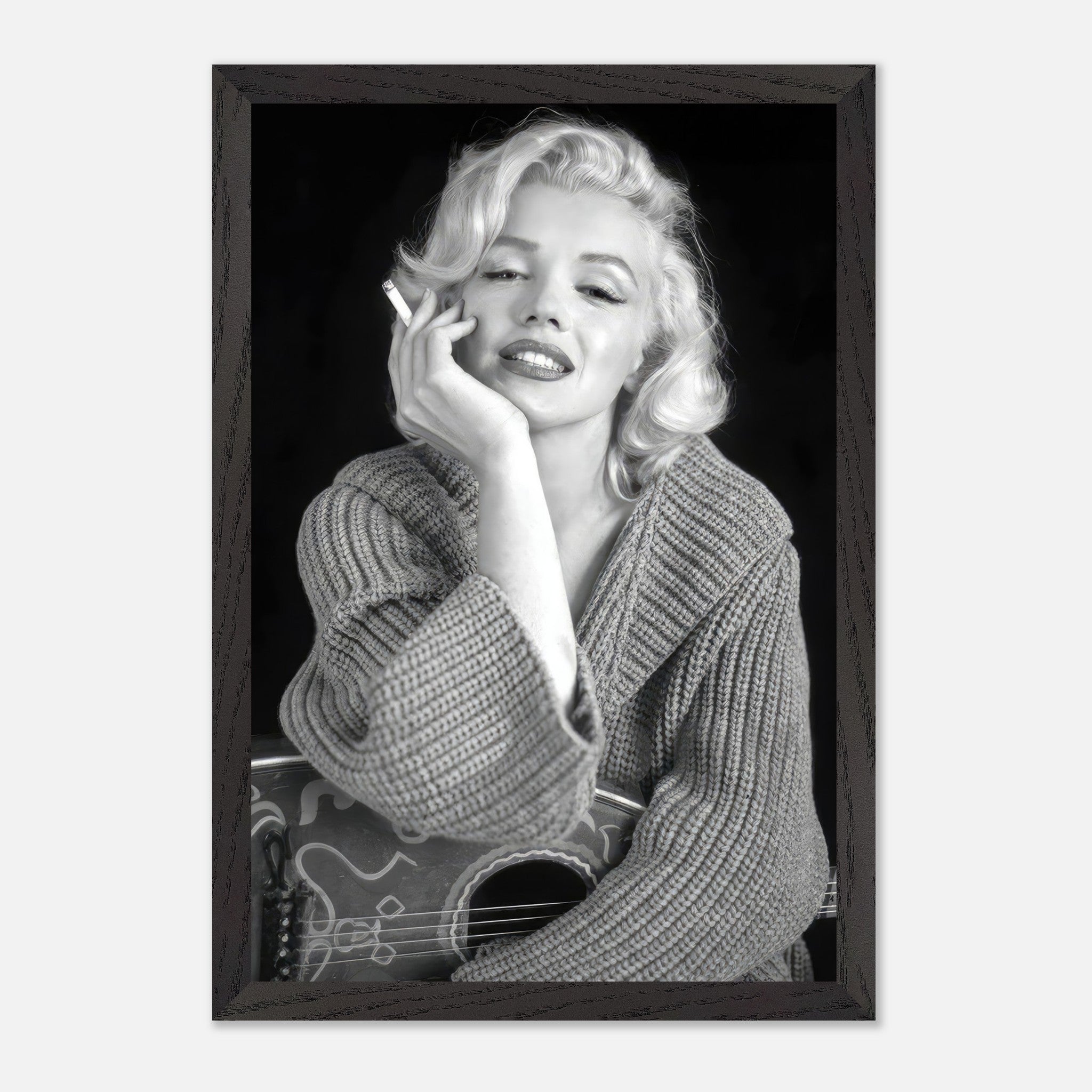 Marilyn Monroe smoking, vintage black-and-white framed print showcasing Hollywood glamour and elegance.