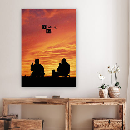 Breaking Bad metal print featuring iconic silhouettes against a vibrant sunset backdrop, perfect for fans of the series.