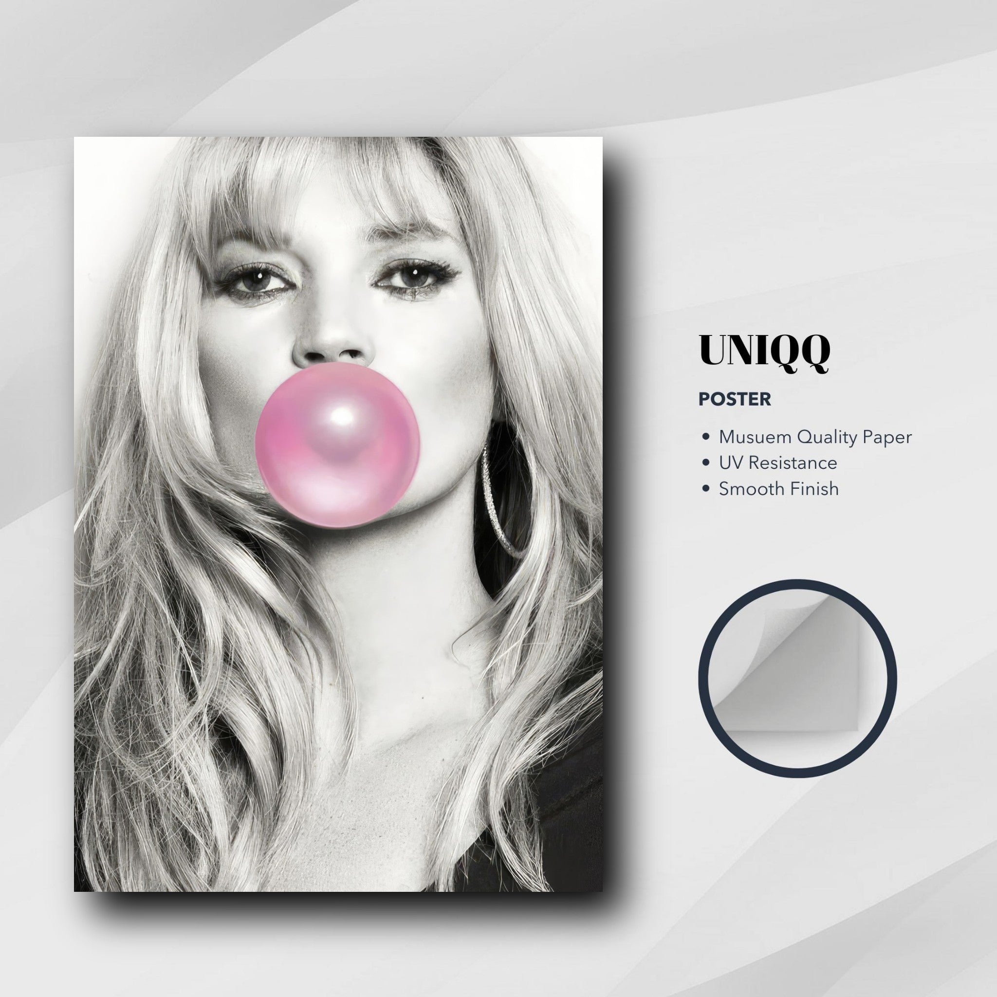 Kate Moss pink bubble gum poster featuring a black-and-white image with a vibrant pink bubble, perfect for modern decor.