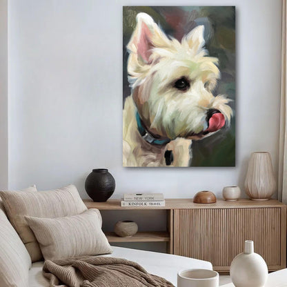 Westie dog painting poster in a stylish home setting, showcasing a lifelike portrait of a playful West Highland White Terrier.
