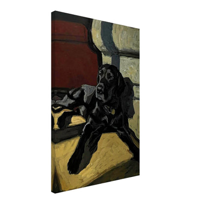 Black Labrador Dog Painting Canvas Print featuring a relaxed black Labrador, warm earthy tones and elegant brushstrokes.