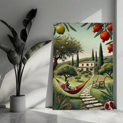 Brushed metal print of a Mediterranean landscape featuring a donkey in a hammock among olive trees and pomegranates.
