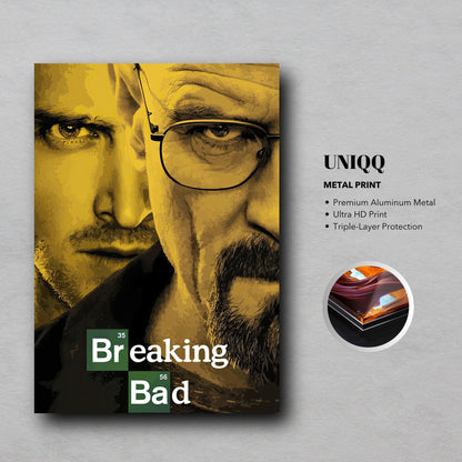 Breaking Bad official metal print featuring Walter White and Jesse Pinkman in bold design, perfect for fans of the series.