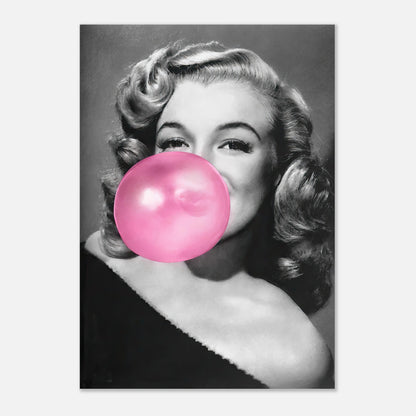 Marilyn Monroe blowing a pink bubble gum in a classic black and white poster, showcasing her iconic hairstyle and smile.